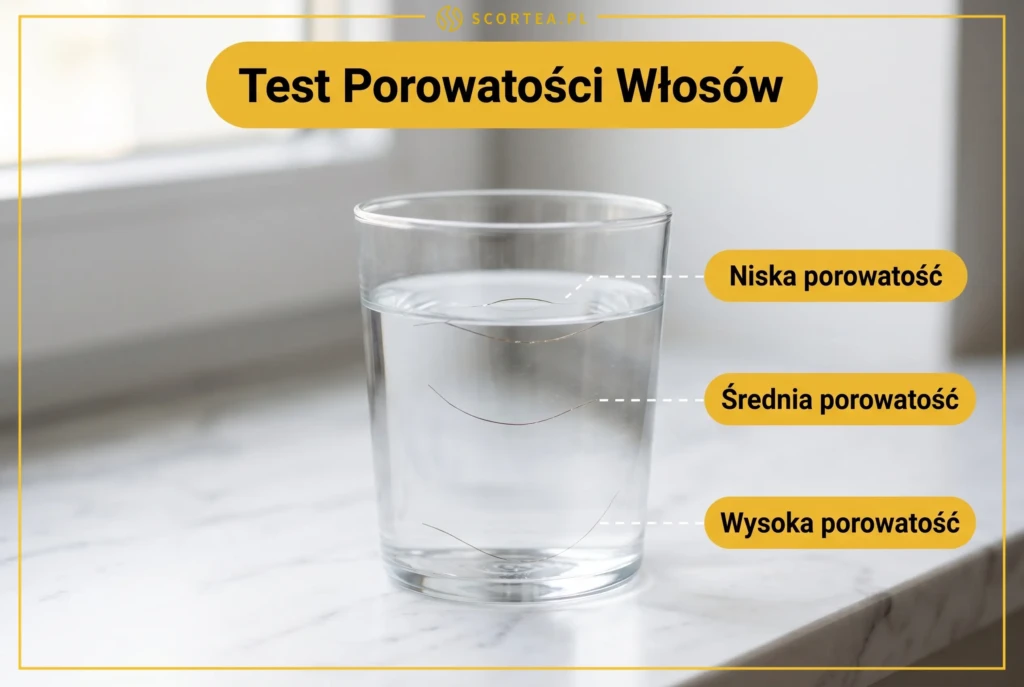 Infografika test porowatości włosów – szklanka wody z trzema pasmami włosów na różnych głębokościach: niska porowatość (powierzchnia), średnia porowatość (środek), wysoka porowatość (dno)