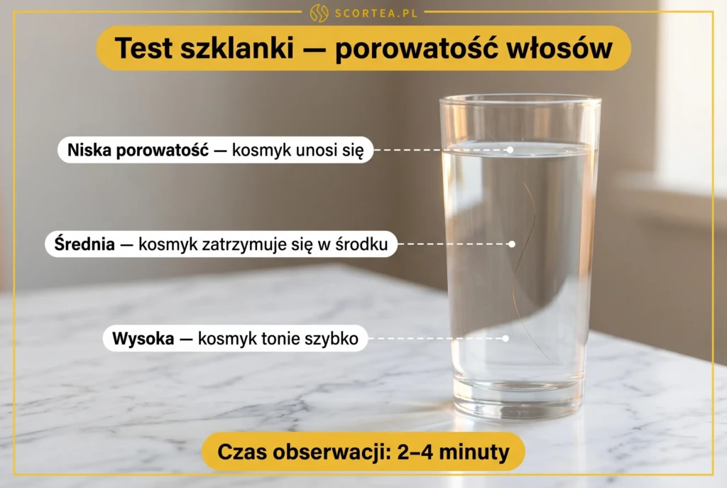Test szklanki wody do określenia porowatości włosów — szklanka z wodą na marmurowym blacie z kosmykiem włosa zawieszonym w środku, opisy trzech poziomów: niska, średnia, wysoka porowatość

