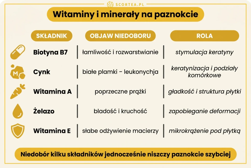 Infografika — tabela witamin i minerałów na paznokcie: biotyna B7 (łamliwość), cynk (białe plamki — leukonychja), witamina A (prążki), żelazo (kruchość), witamina E (mikrokrążenie)