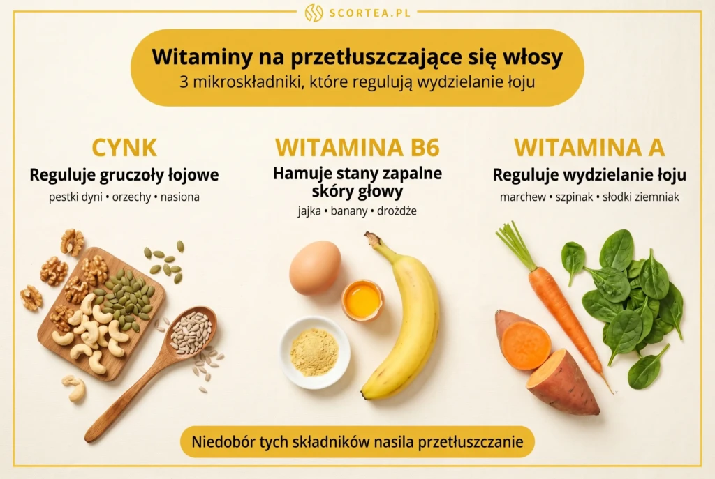 Cynk, witamina B6 i witamina A w produktach spożywczych regulujących wydzielanie łoju i przetłuszczające się włosy


