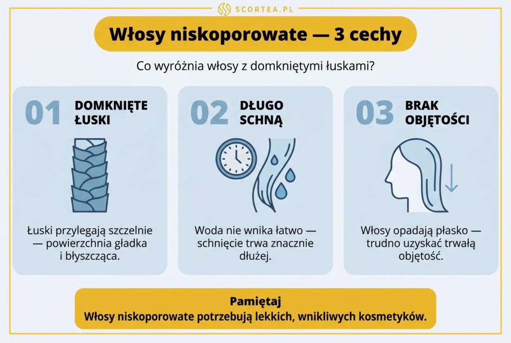Trzy cechy włosów niskoporowatych: domknięte łuski, bardzo długi czas schnięcia i brak objętości u nasady