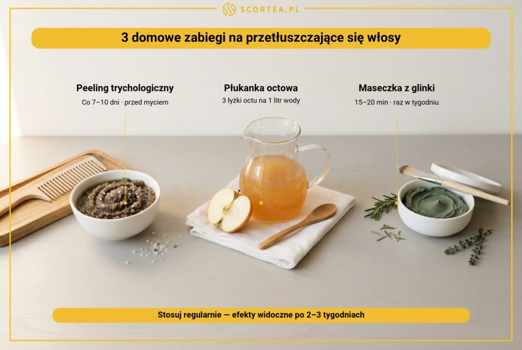 Trzy domowe zabiegi na przetłuszczające się włosy: peeling trychologiczny, płukanka z octu jabłkowego i maseczka z zielonej glinki


