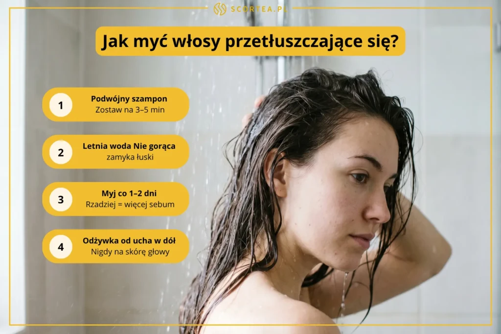 Kobieta myjąca włosy pod prysznicem — podwójny szampon, letnia woda, mycie co 1–2 dni, odżywka od ucha w dół

