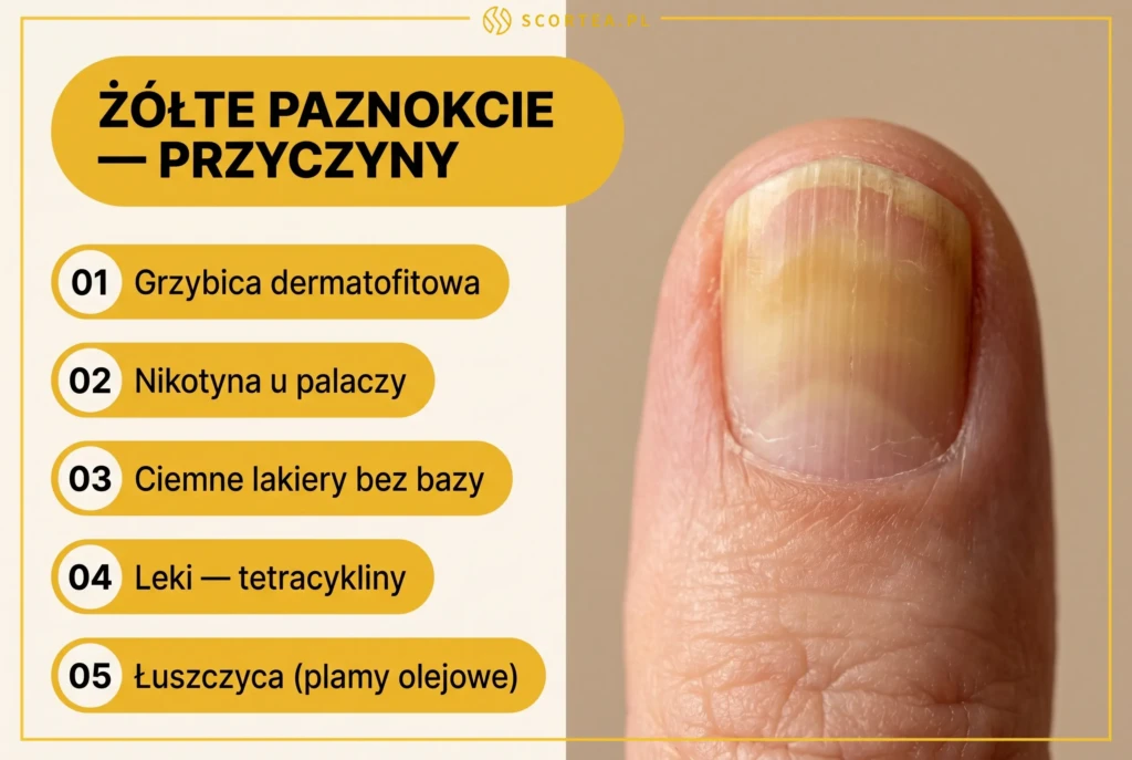 5 przyczyn żółtych paznokci: grzybica, nikotyna, lakiery, tetracykliny i łuszczyca — infografika Scortea