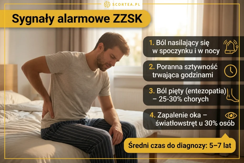Młody mężczyzna siedzący na łóżku rano trzyma się za bolące plecy — obok cztery sygnały alarmowe ZZSK z ikonami: ból nasilający się w spoczynku i nocy, poranna sztywność, ból pięty oraz zapalenie oka. Infografika Scortea.