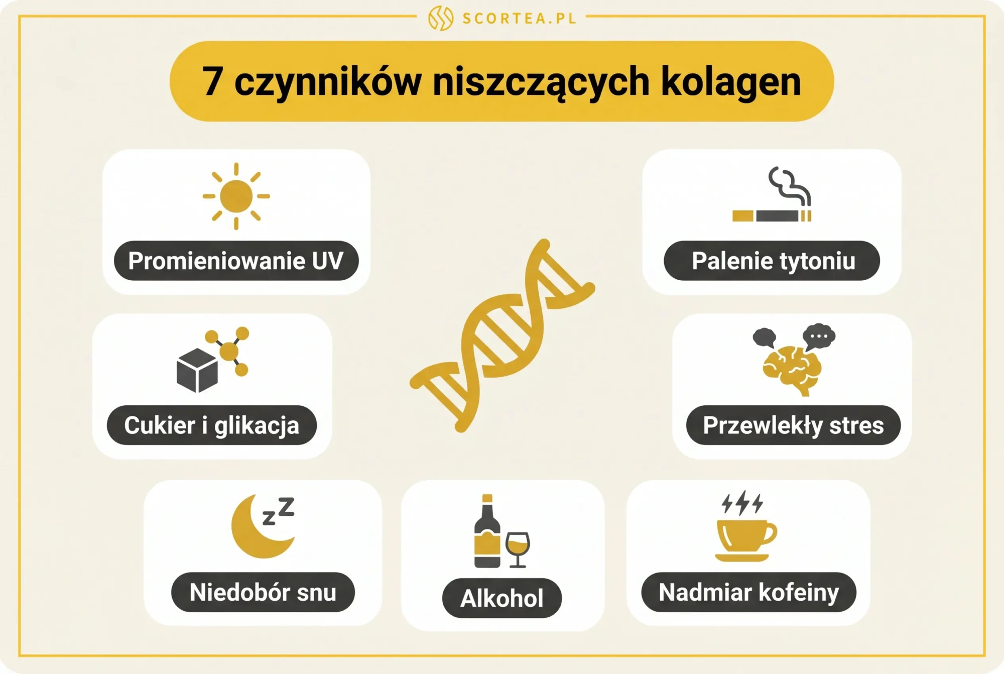 Infografika: 7 czynników niszczących kolagen — promieniowanie UV, palenie tytoniu, cukier, przewlekły stres, niedobór snu, alkohol i nadmiar kofeiny