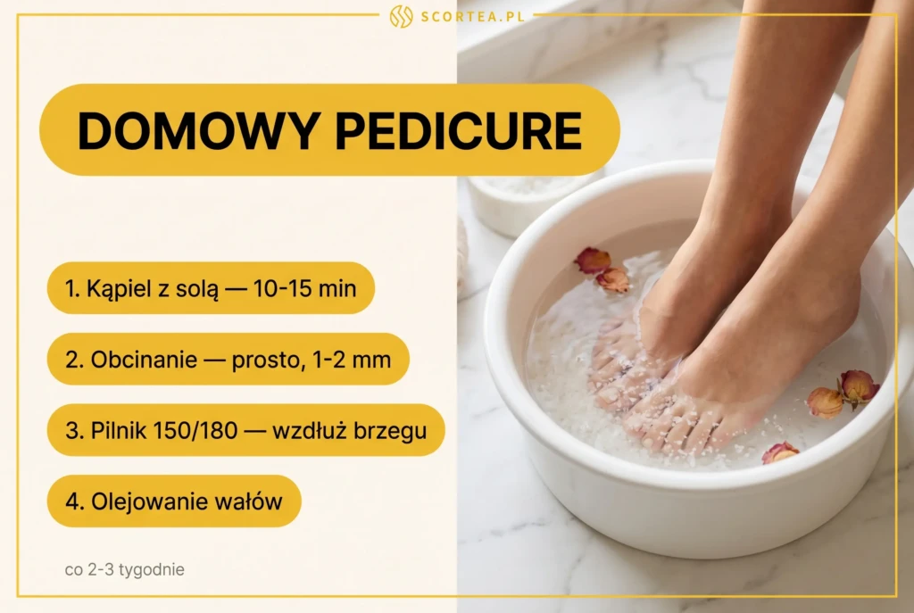 Infografika domowy pedicure krok po kroku: 1. Kąpiel z solą 10–15 min, 2. Obcinanie prosto 1–2 mm, 3. Pilnik 150/180 wzdłuż brzegu, 4. Olejowanie wałów – zabiegi zalecane co 2–3 tygodnie