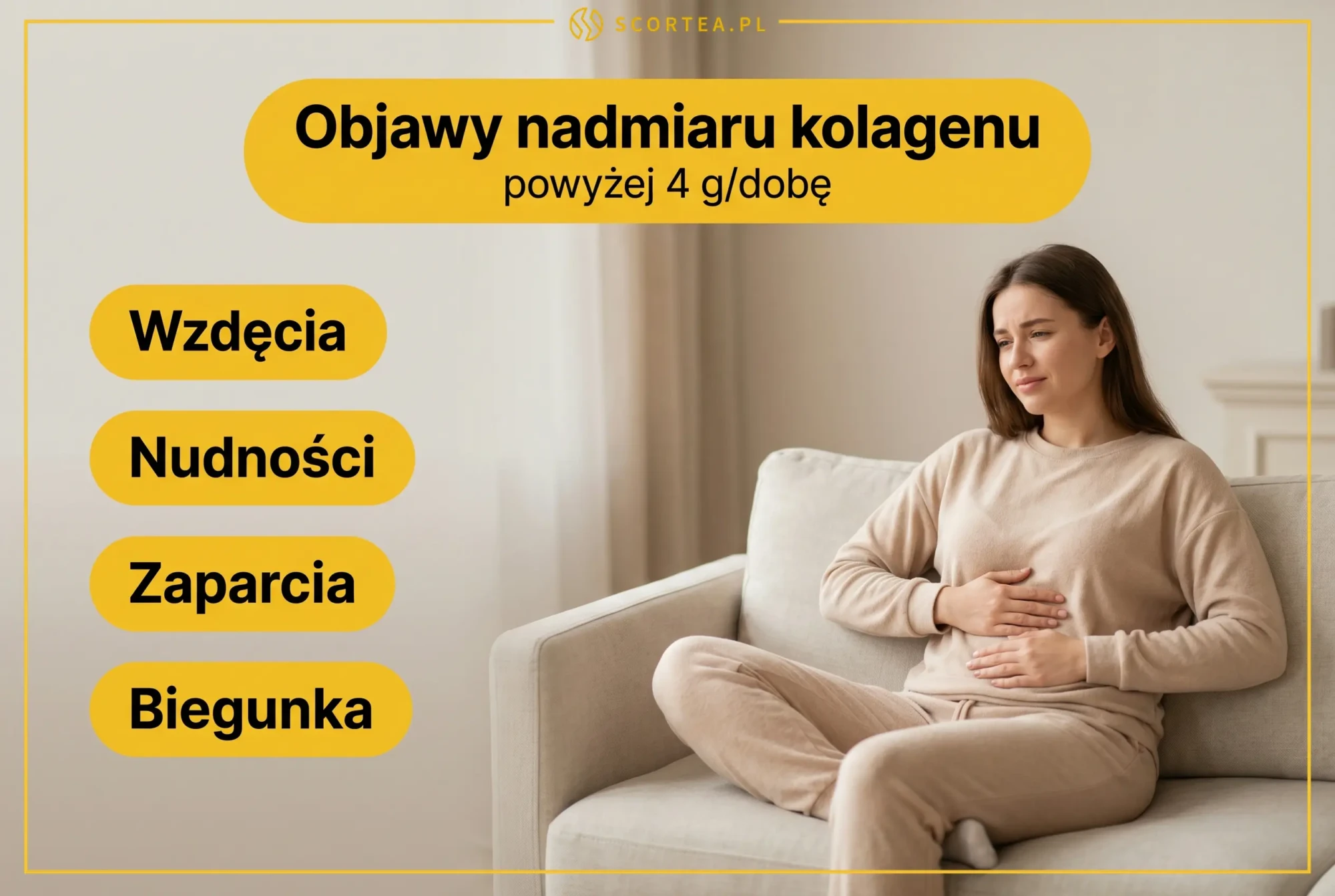 Infografika: objawy nadmiaru kolagenu powyzej 4 g na dobe - wzdecia, nudnosci, zaparcia, biegunka