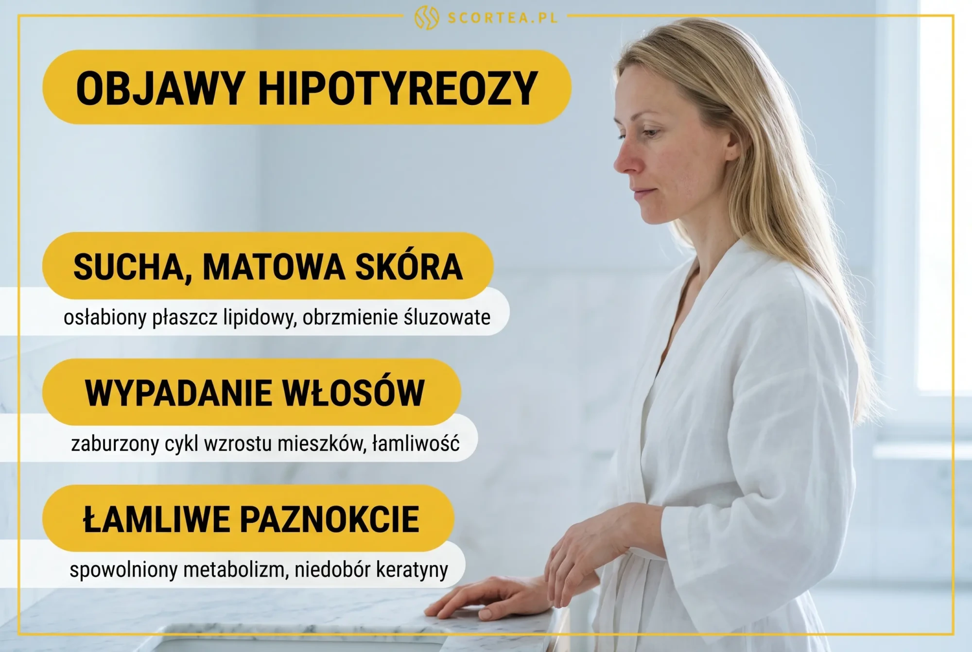 Objawy hipotyreozy: sucha skora, wypadanie wlosow, lamliwe paznokcie - kobieta przed lustrem z grzebieniem
