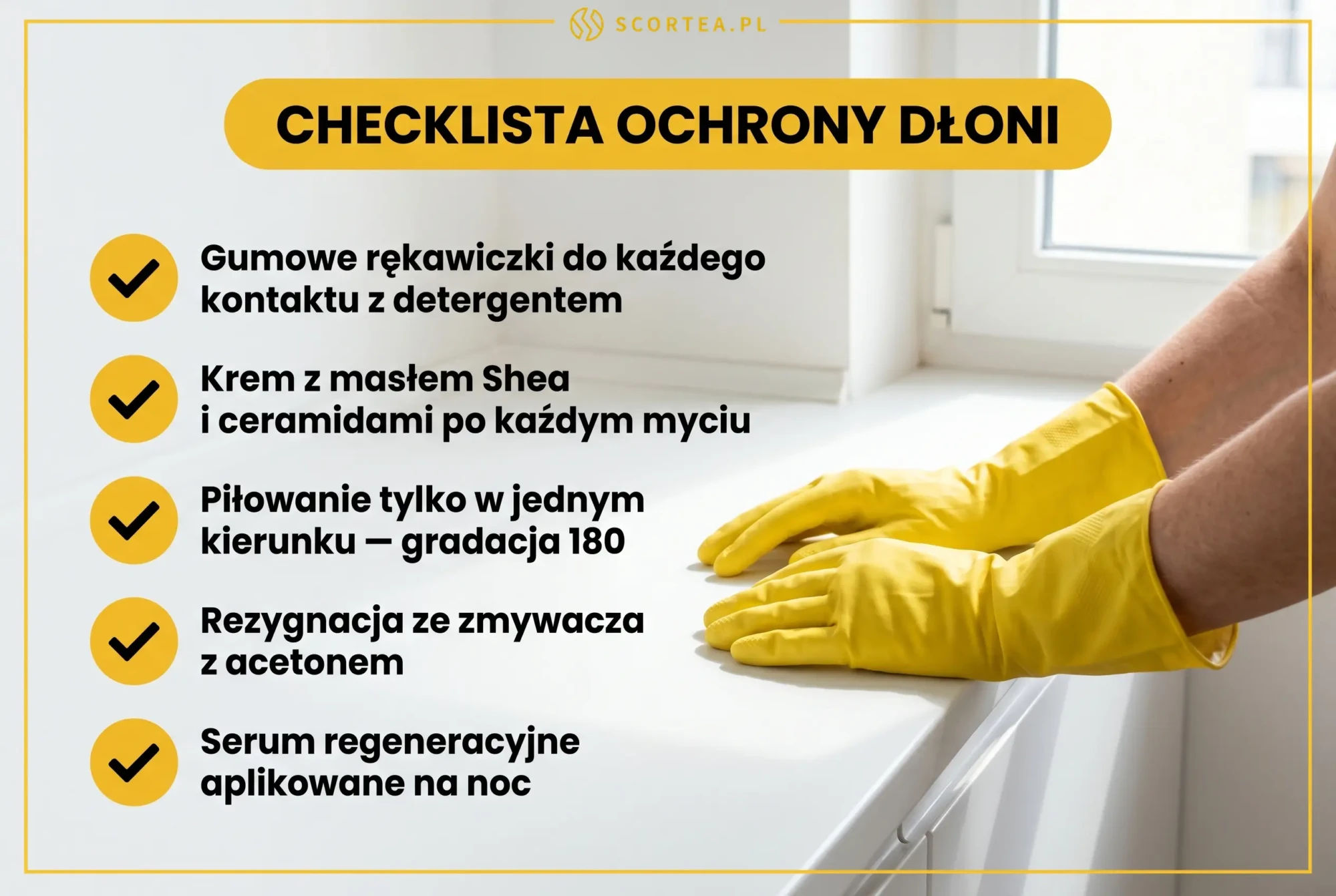 Infografika checklista ochrony dloni i paznokci: rekawiczki gumowe, krem z ceramidami, pilowanie gradacja 180, rezygnacja z acetonu, serum na noc