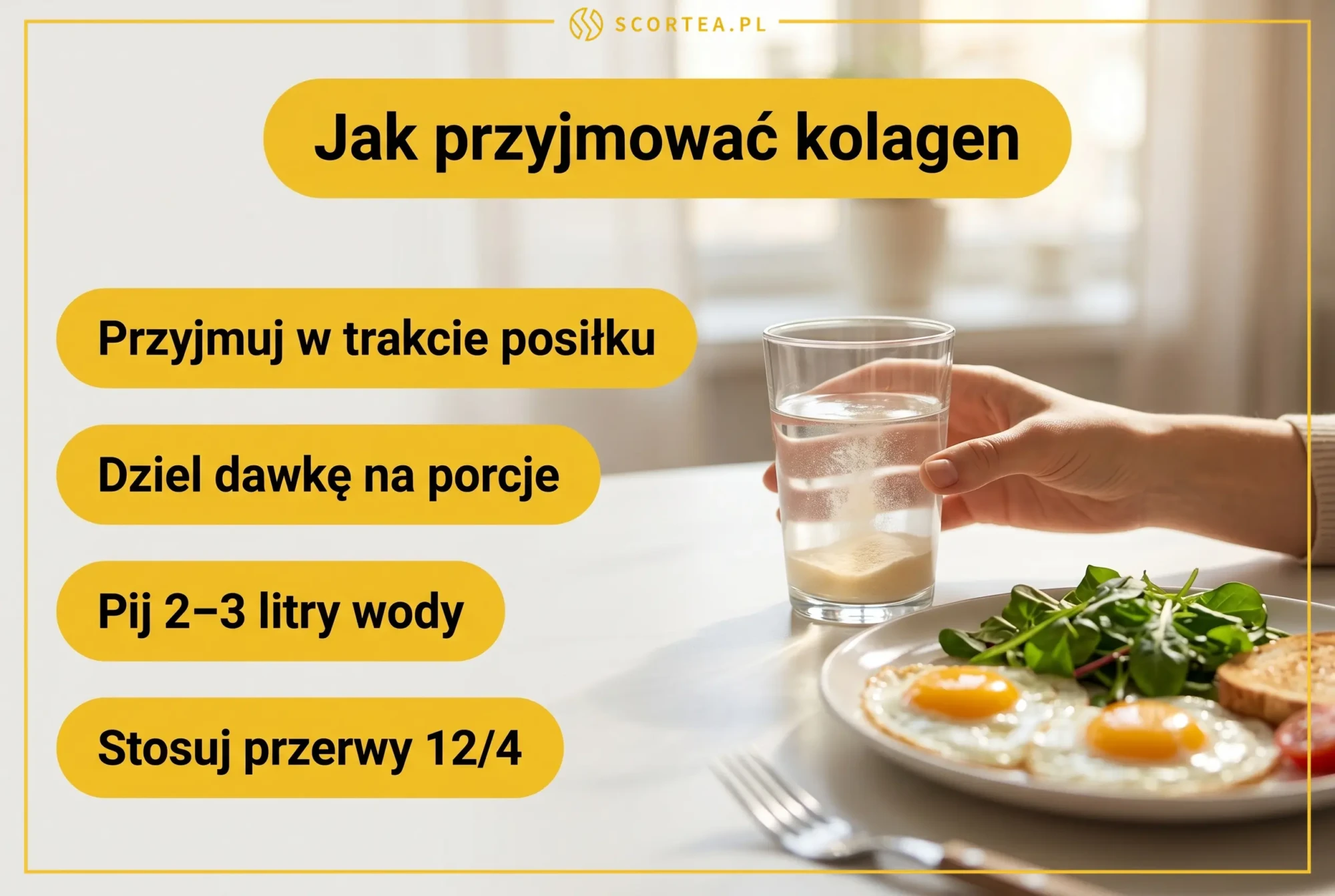 Infografika: jak przyjmowac kolagen, by uniknac objawow - w trakcie posilku, dzielenie dawki, picie 2-3 litrow wody, przerwy 12/4