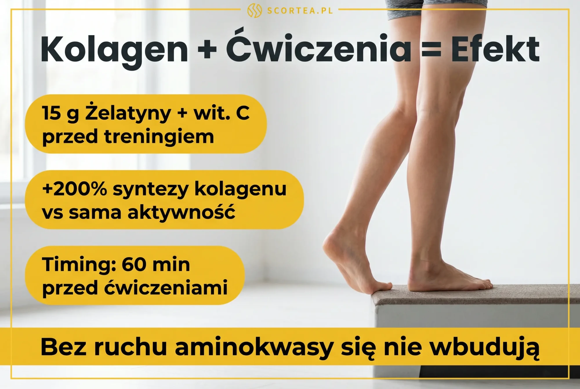 Infografika: kolagen przed treningiem zwiększa syntezę o 200% - timing 60 min, 15 g żelatyny z witaminą C.