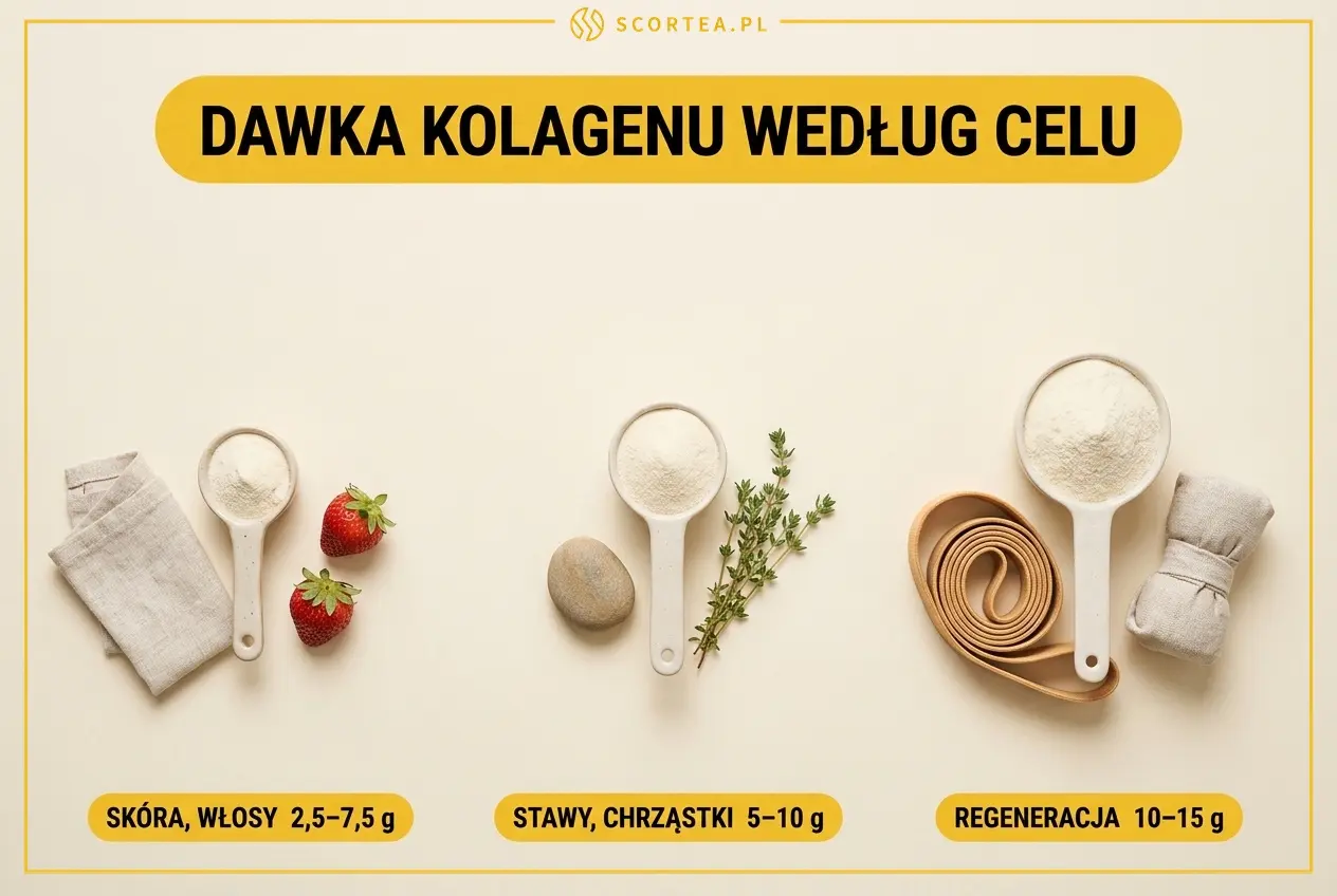 Trzy porcje kolagenu w łyżkach miarowych — dawka dzienna według celu: skóra i włosy 2,5–7,5 g, stawy i chrząstki 5–10 g, regeneracja 10–15 g