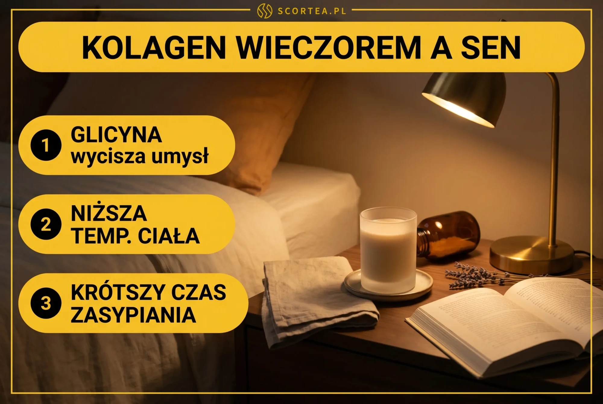 Szklanka kolagenu na nocnym stoliku przy lampce i otwartej książce — glicyna w kolagenie wspiera sen i nocną regenerację