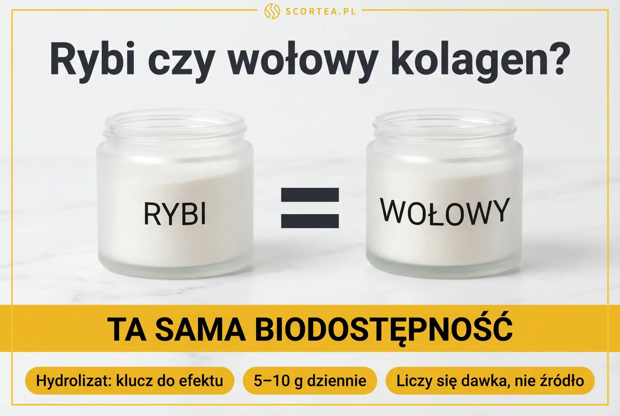 Porównanie kolagenu rybiego i wołowego - infografika pokazuje taką samą biodostępność obu źródeł i zalecaną dawkę 5-10 g dziennie.