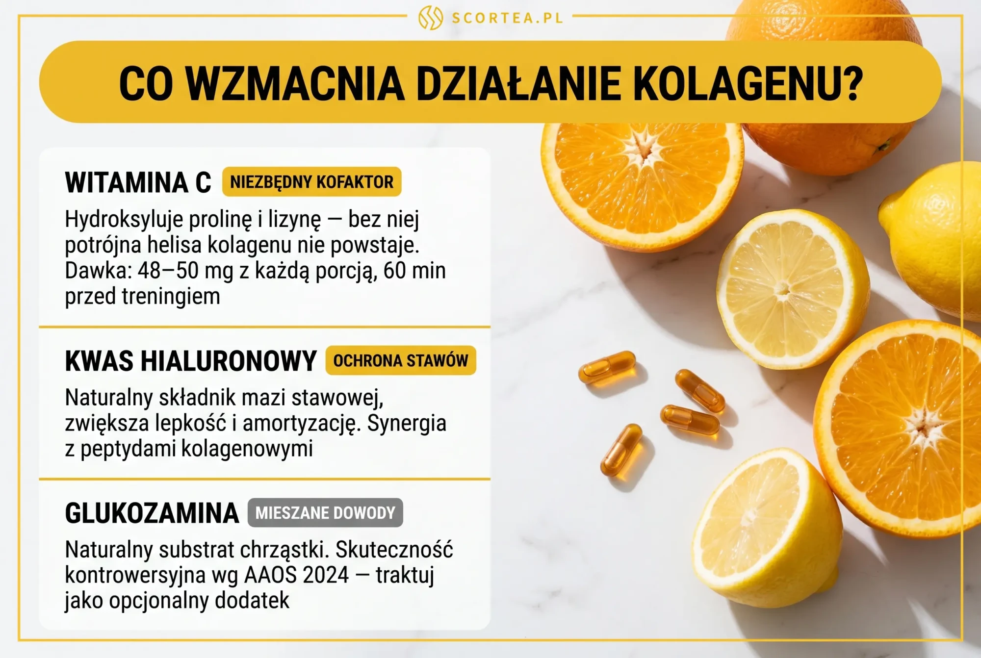 Infografika: co wzmacnia działanie kolagenu - witamina C kofaktor syntezy, kwas hialuronowy ochrona stawów, glukozamina