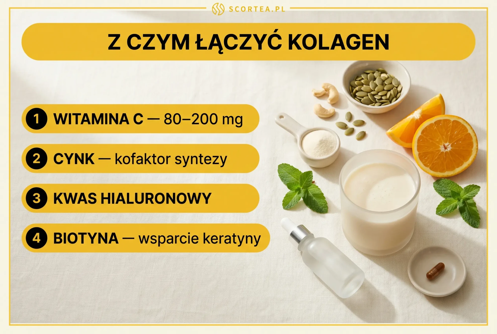 Flatlay kolagenu z plasterkami pomarańczy, pestkami dyni i kapsułkami — synergiści wchłaniania: witamina C, cynk, kwas hialuronowy, biotyna