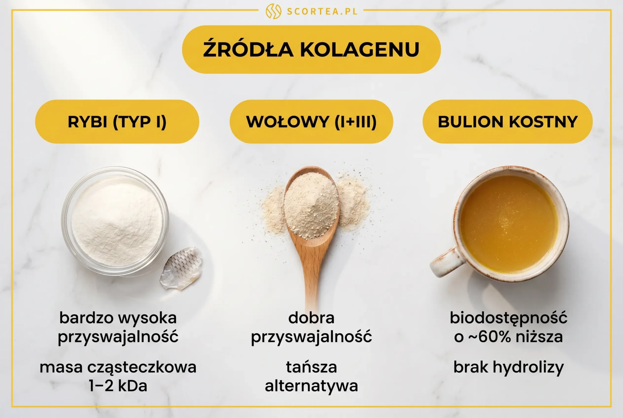 Porównanie trzech źródeł kolagenu: rybi typ I, wołowy I+III i bulion kostny - flatlay na białym marmurze