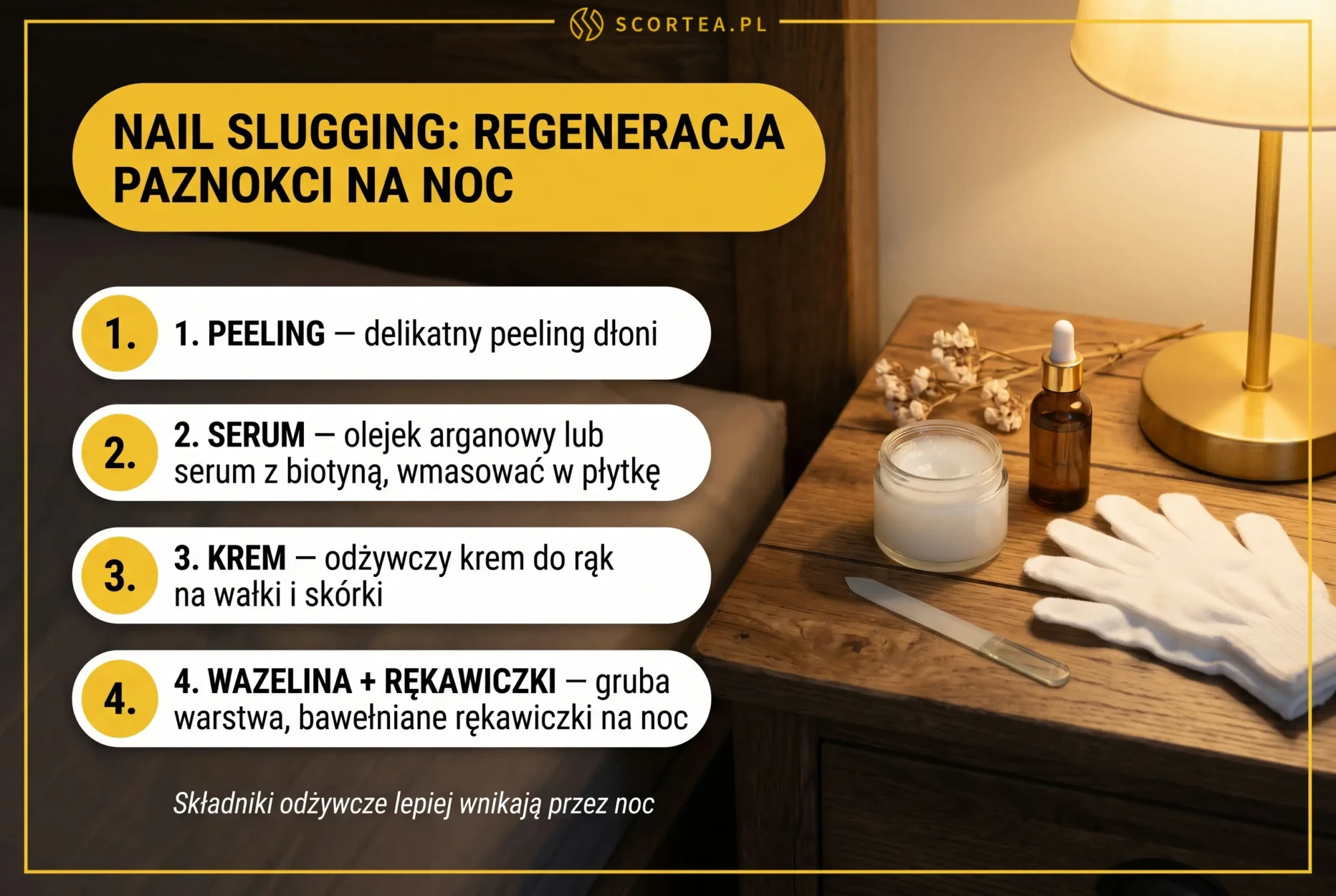 Metoda nail slugging krok po kroku: peeling, serum arganowe, krem do rąk i wazelina z bawełnianymi rękawiczkami na noc — regeneracja paznokci po hybrydzie.