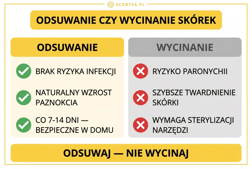 Infografika porównawcza — odsuwanie skórek (brak ryzyka infekcji, naturalny wzrost, co 7–14 dni) vs wycinanie (ryzyko paronychii, szybsze twardnienie, sterylizacja).