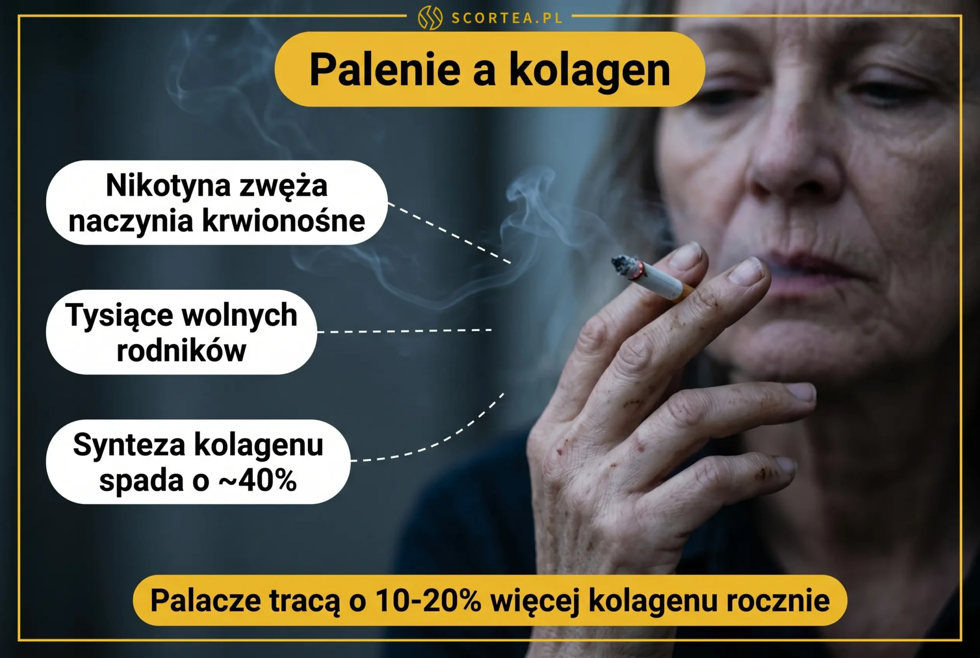 Infografika: jak palenie tytoniu niszczy kolagen — nikotyna zwęża naczynia krwionośne, wolne rodniki, spadek syntezy kolagenu