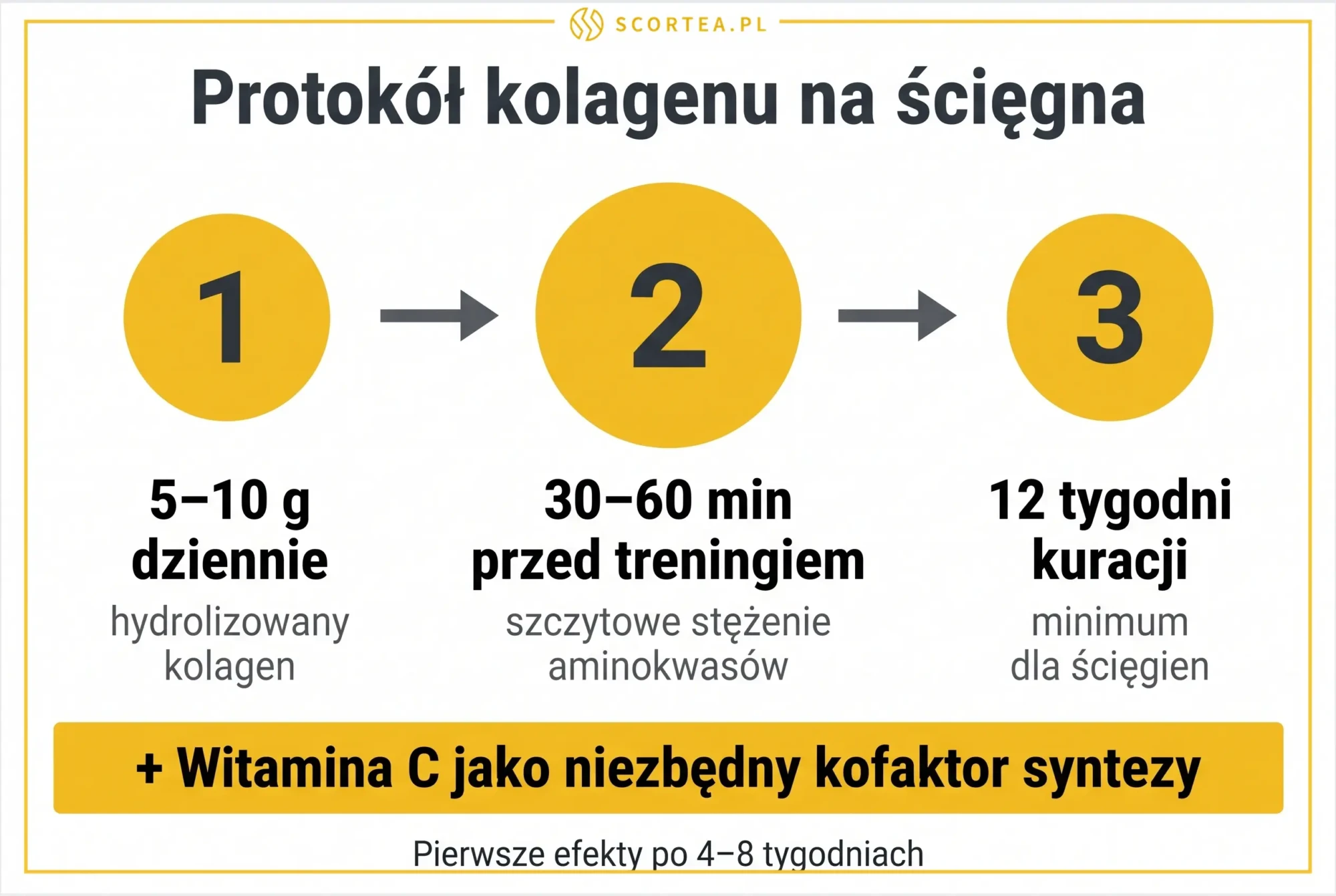 Protokół dawkowania kolagenu na ścięgna: 5-10 g dziennie, 30-60 min przed treningiem przez minimum 12 tygodni z witaminą C.