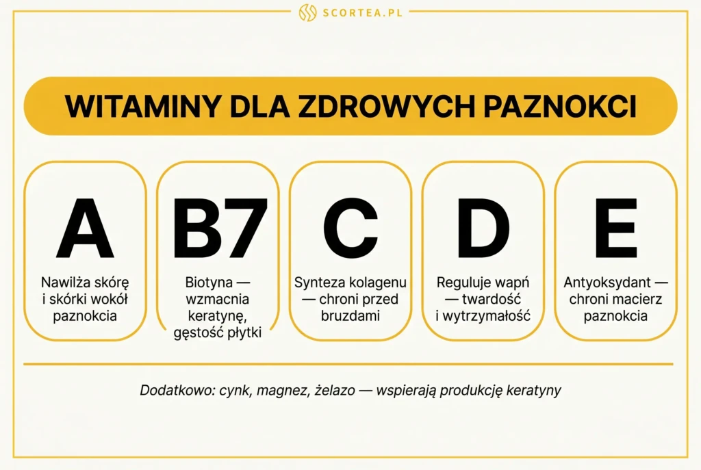 Infografika witaminy dla zdrowych paznokci: A – nawilża skórę wokół paznokcia, B7 (biotyna) – wzmacnia keratynę i gęstość płytki, C – synteza kolagenu i ochrona przed bruzdami, D – reguluje gospodarkę wapniową i wytrzymałość, E – antyoksydant chroniący macierz paznokcia. Dodatkowo cynk, magnez i żelazo.

