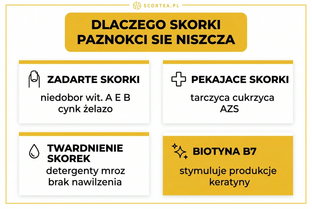 Infografika — 4 przyczyny niszczenia skórek paznokci: zadarte skórki (niedobory wit. A, E, B), pękające skórki (tarczyca, AZS), twardnienie (detergenty, mróz), biotyna B7.