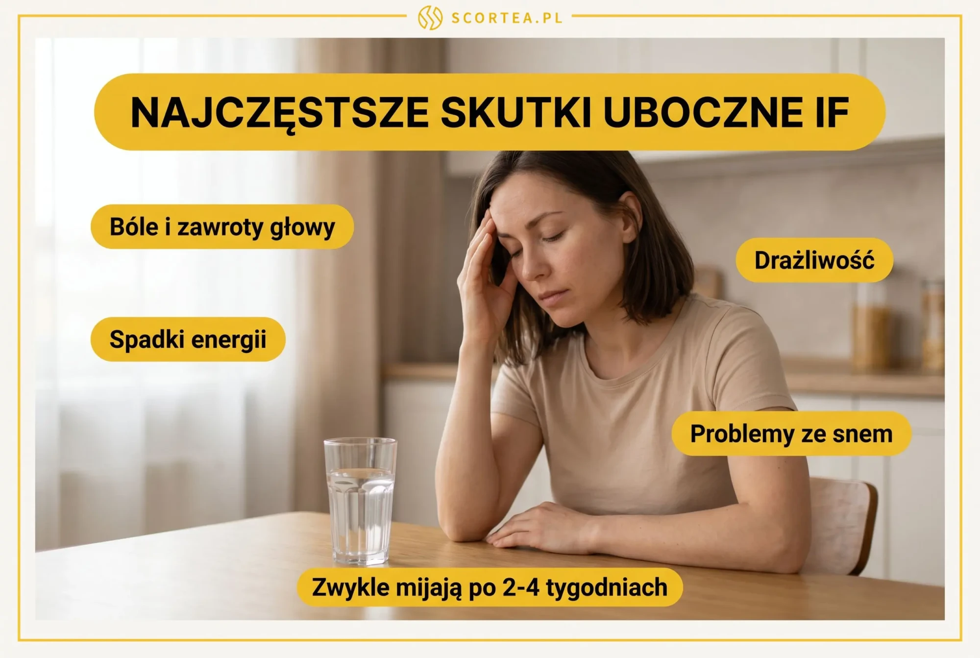 Zmęczona kobieta przy stole trzymająca dłoń przy głowie, lista najczęstszych skutków ubocznych postu przerywanego IF: bóle i zawroty głowy, spadki energii, drażliwość, problemy ze snem