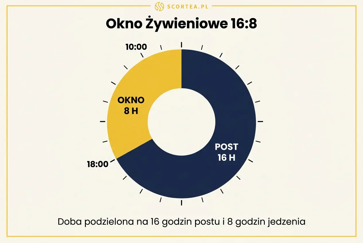 Okno zywieniowe 16:8 - podzial doby na 16 godzin postu i 8 godzin okna jedzenia