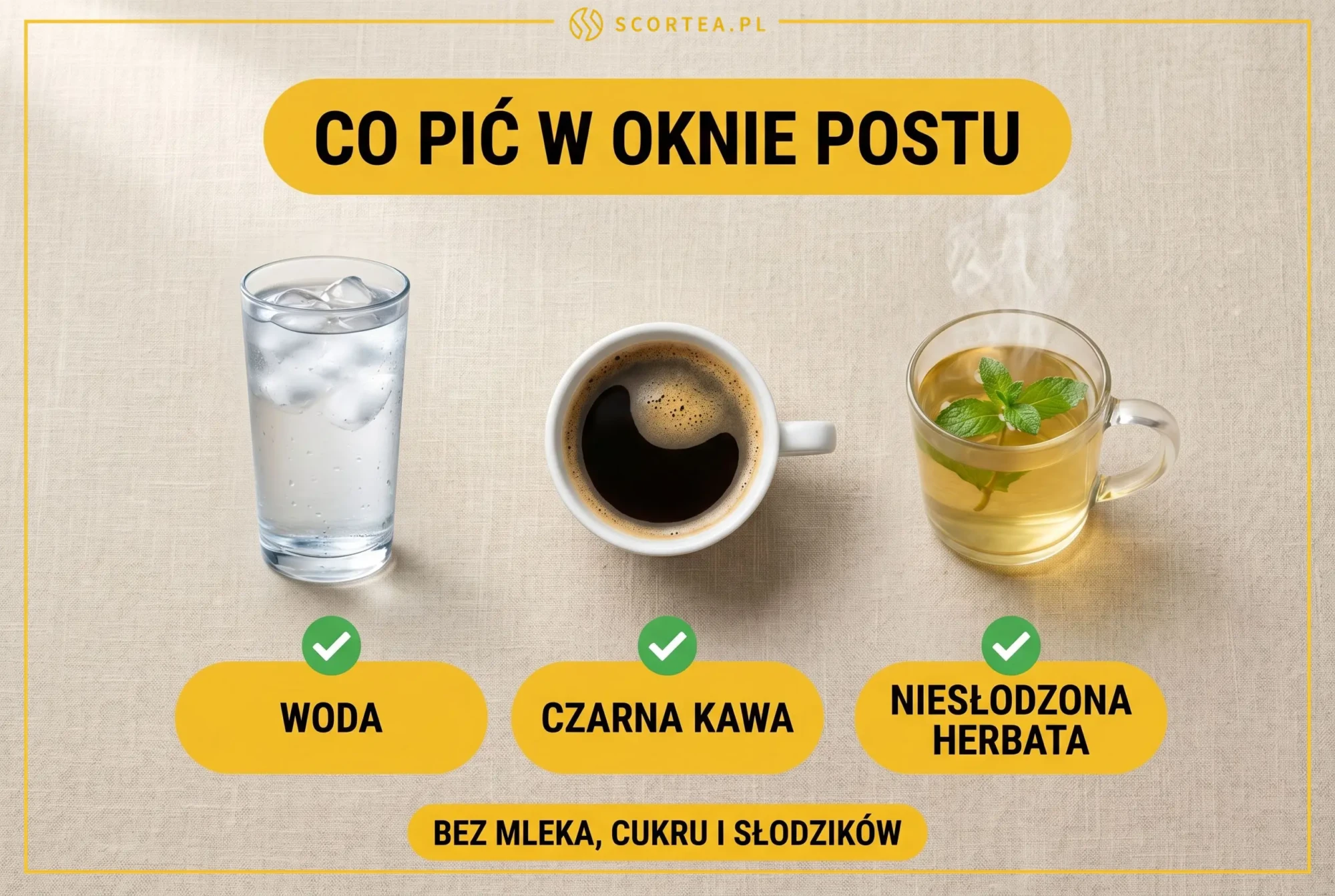 Woda, czarna kawa i niesłodzona herbata jako napoje dozwolone w oknie postu, bez mleka, cukru i słodzików