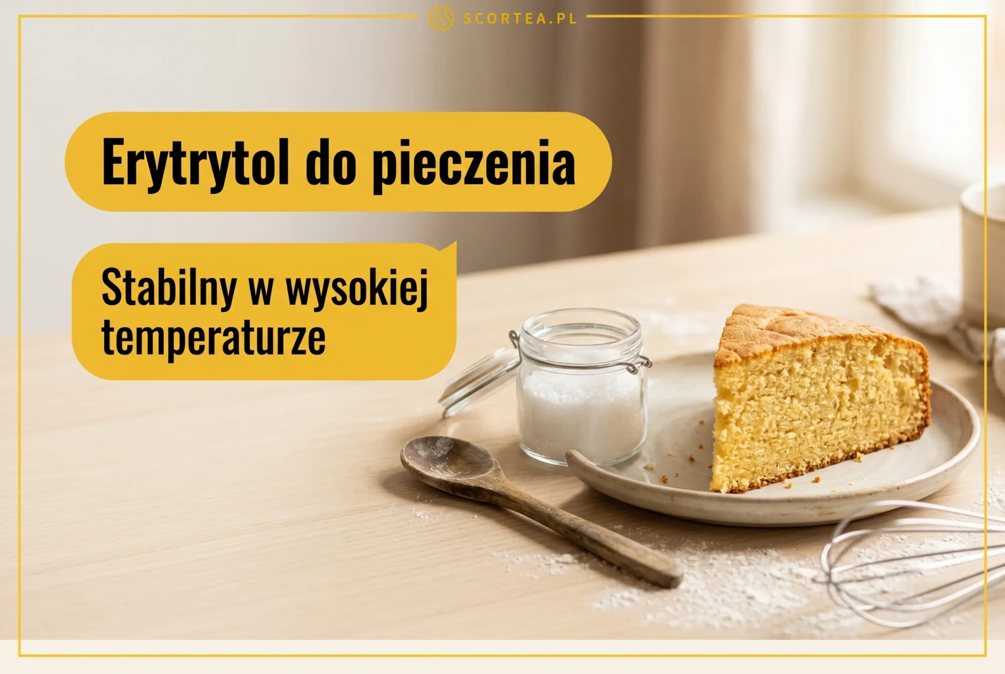 Erytrytol do pieczenia, stabilny w wysokiej temperaturze: kawałek ciasta i słoik kryształków erytrytolu