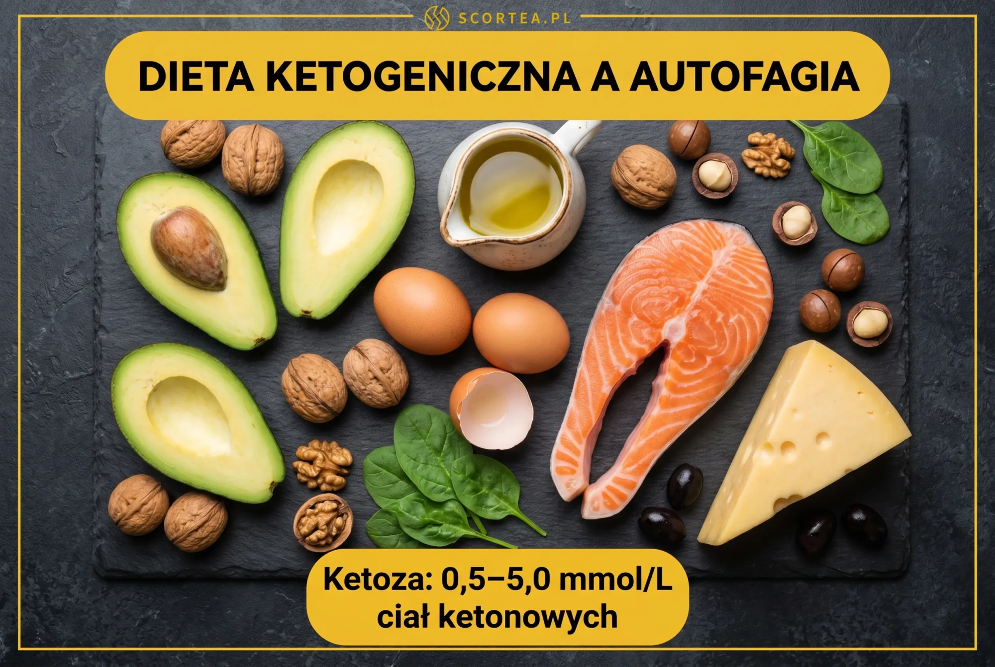Produkty diety ketogenicznej: awokado, łosoś, jajka, ser, orzechy i oliwa z informacją o stężeniu ciał ketonowych w ketozie
