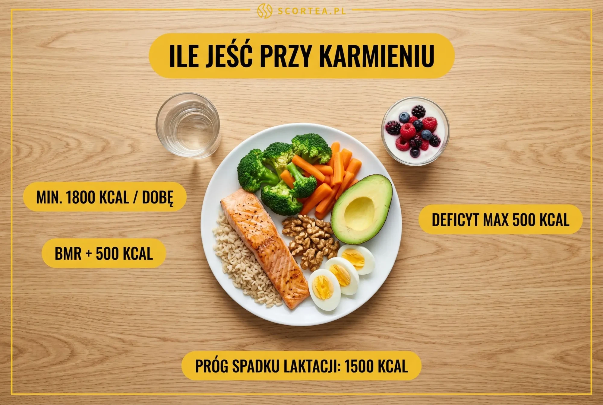 Zbilansowany talerz mamy karmiącej z normami kalorii przy poście: minimum 1800 kcal i deficyt nie większy niż 500 kcal