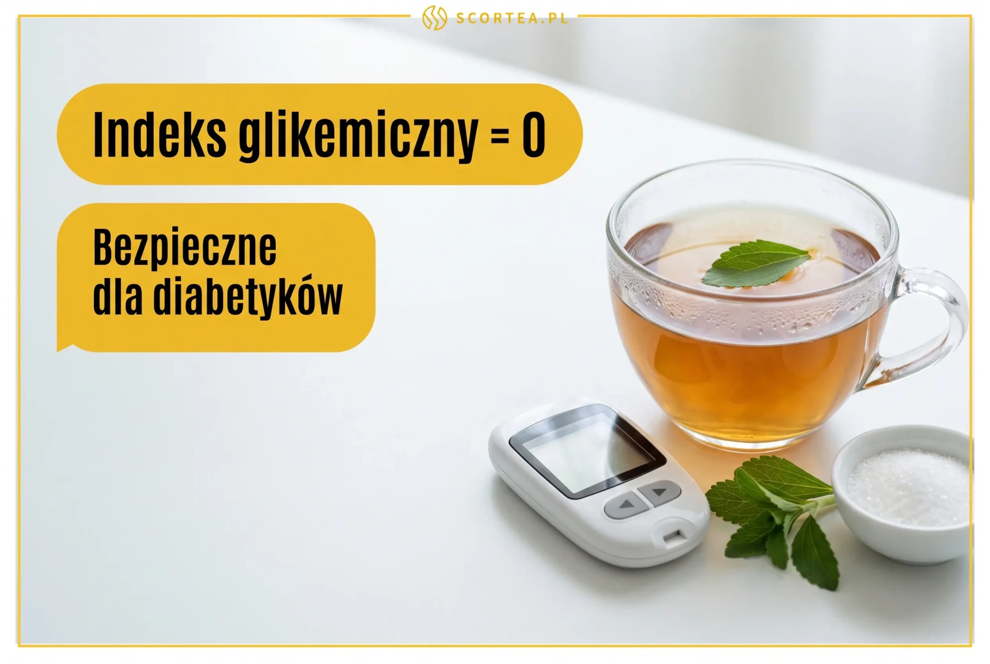 Filiżanka herbaty z liściem stewii, glukometr i cukier, indeks glikemiczny stewii równy 0, bezpieczna dla diabetyków