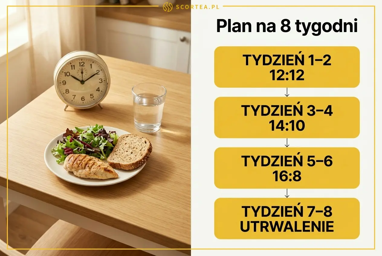 Plan wprowadzania okna zywieniowego 16:8 w 8 tygodni - progresja od 12:12 do 16:8