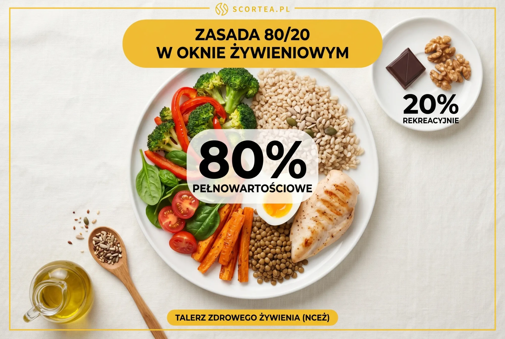 Talerz Zdrowego Żywienia NCEŻ z zasadą 80/20 — 80% pełnowartościowych produktów i 20% rekreacyjnie w oknie żywieniowym postu przerywanego