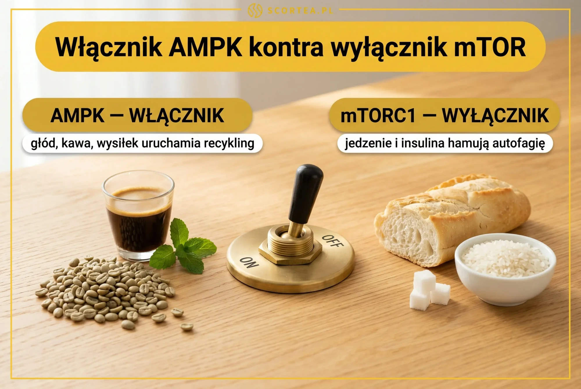 Infografika AMPK kontra mTOR - włącznik i wyłącznik autofagii komórkowej - Scortea