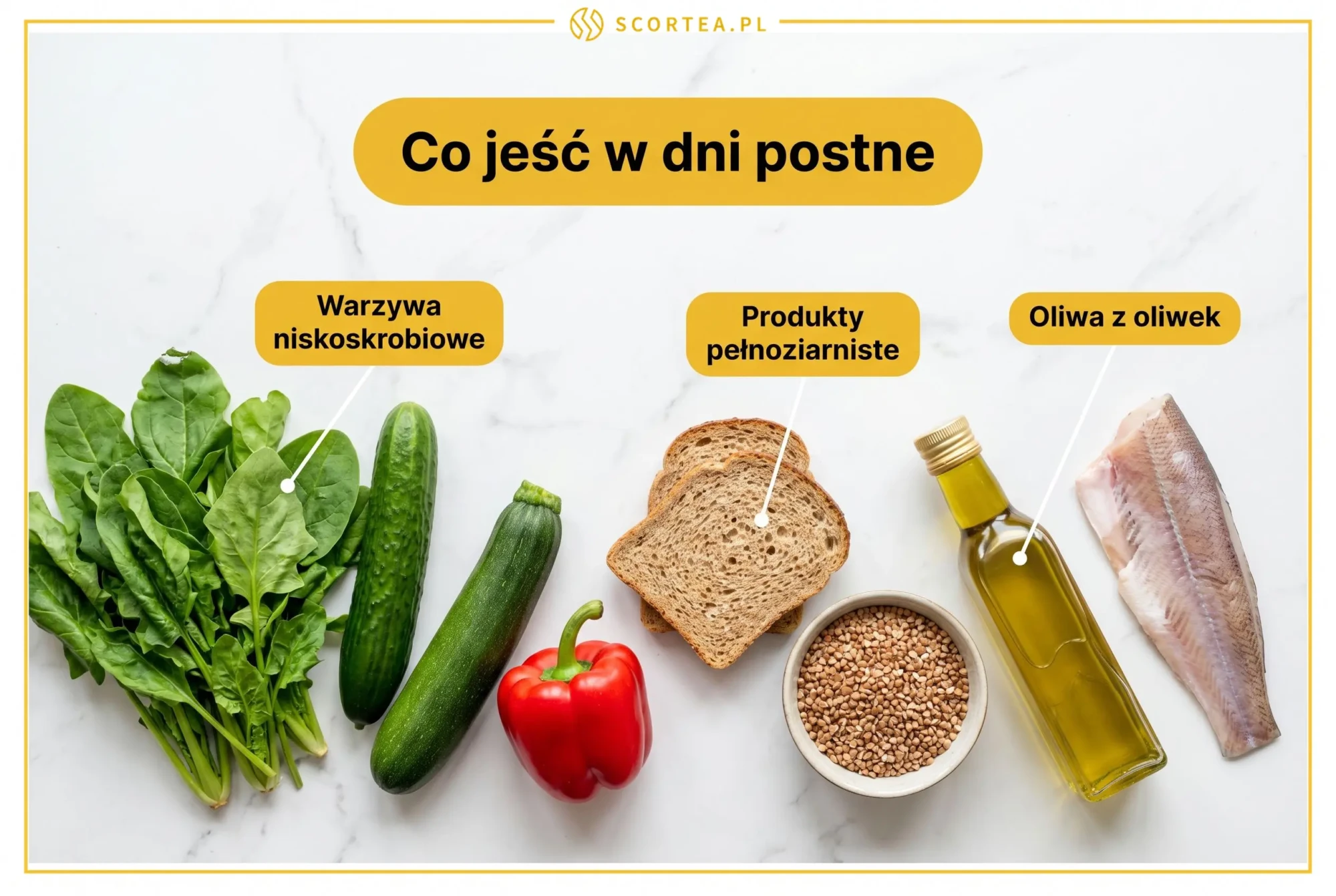 Co jeść w dni postne na diecie 5:2: warzywa niskoskrobiowe, produkty pełnoziarniste i oliwa z oliwek rozłożone na jasnym blacie — infografika Scortea.
