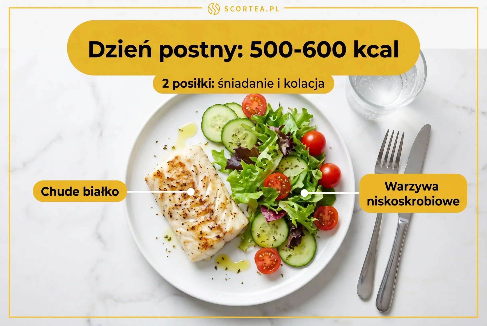Przykładowy posiłek dnia postnego na diecie 5:2 o wartości 500-600 kcal: grillowana ryba z warzywami niskoskrobiowymi jako chude białko — infografika Scortea.