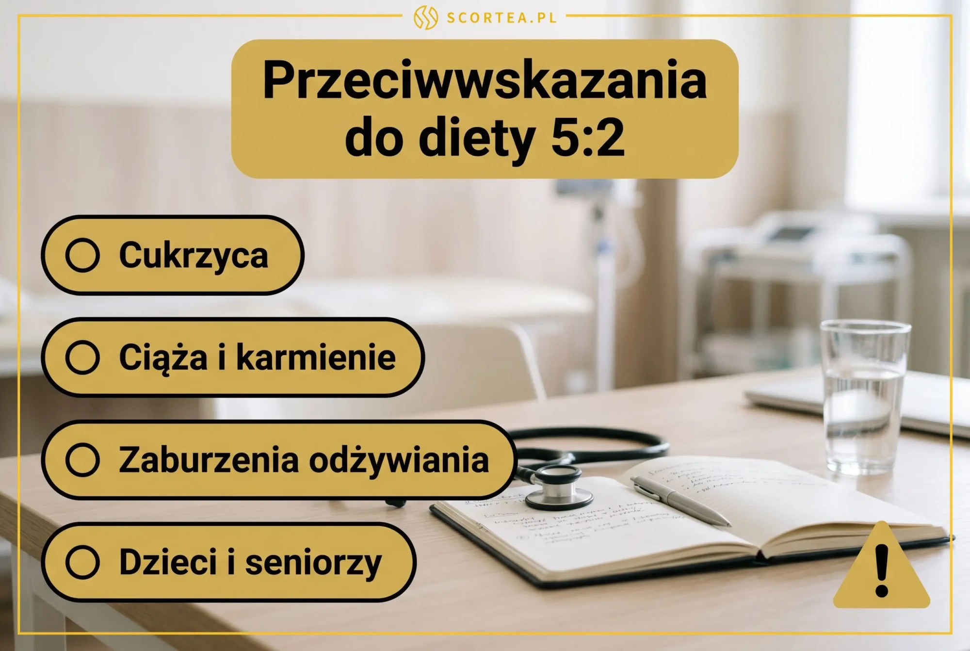 Przeciwwskazania do diety 5:2: cukrzyca, ciąża i karmienie piersią, zaburzenia odżywiania oraz dzieci i seniorzy — infografika Scortea.