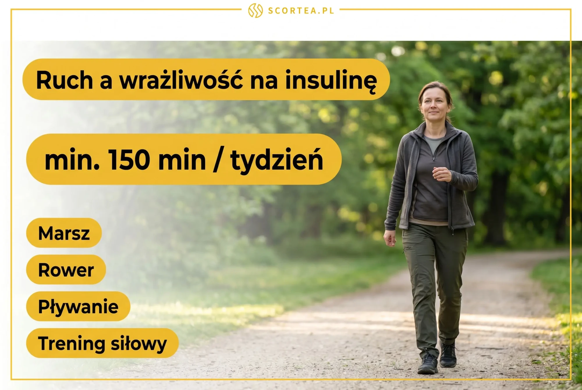 Kobieta maszerująca w parku, infografika o aktywności fizycznej minimum 150 minut tygodniowo wspierającej wrażliwość na insulinę