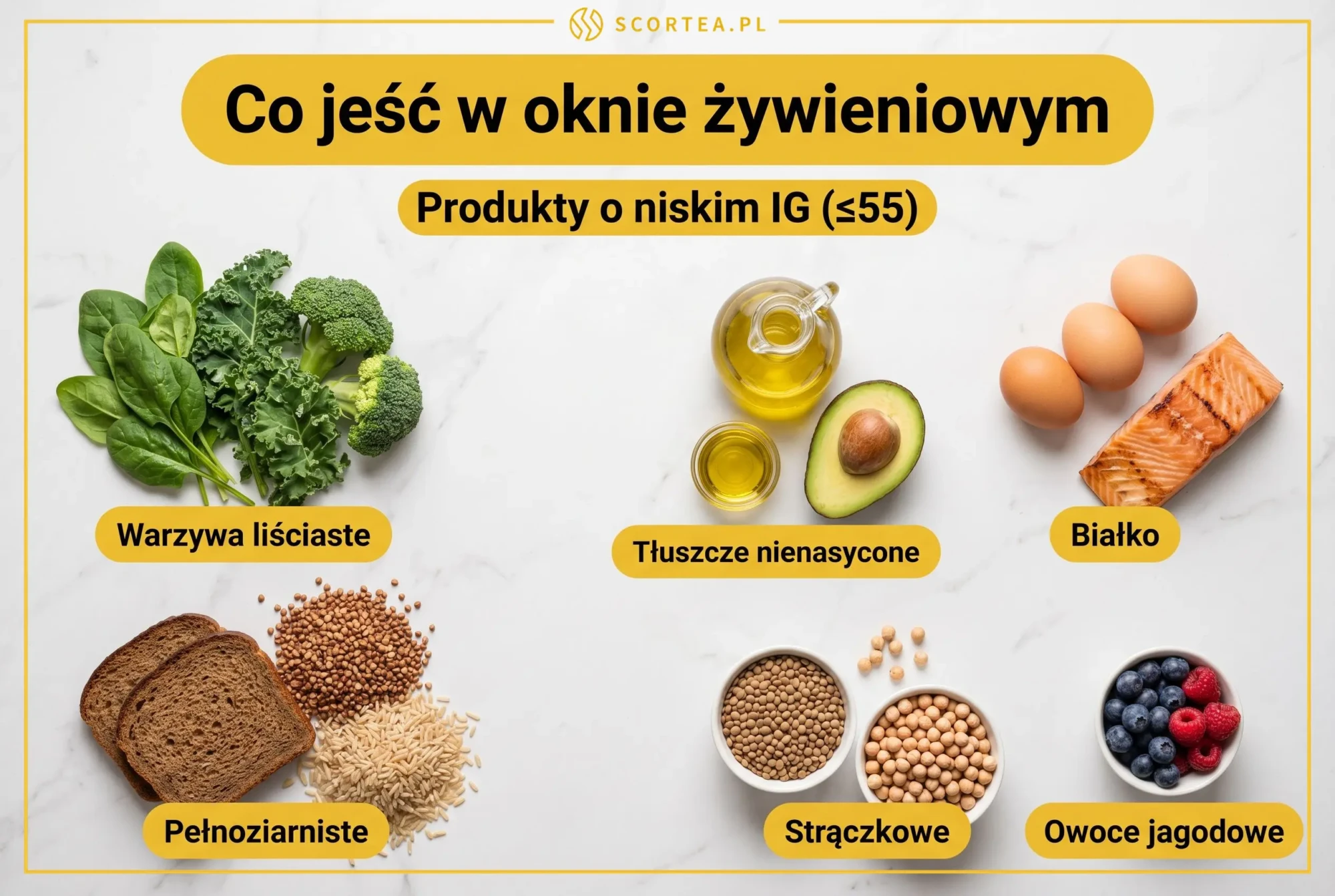 Infografika produktów o niskim indeksie glikemicznym w oknie żywieniowym: warzywa liściaste, pełnoziarniste, tłuszcze nienasycone, białko, strączkowe, owoce jagodowe