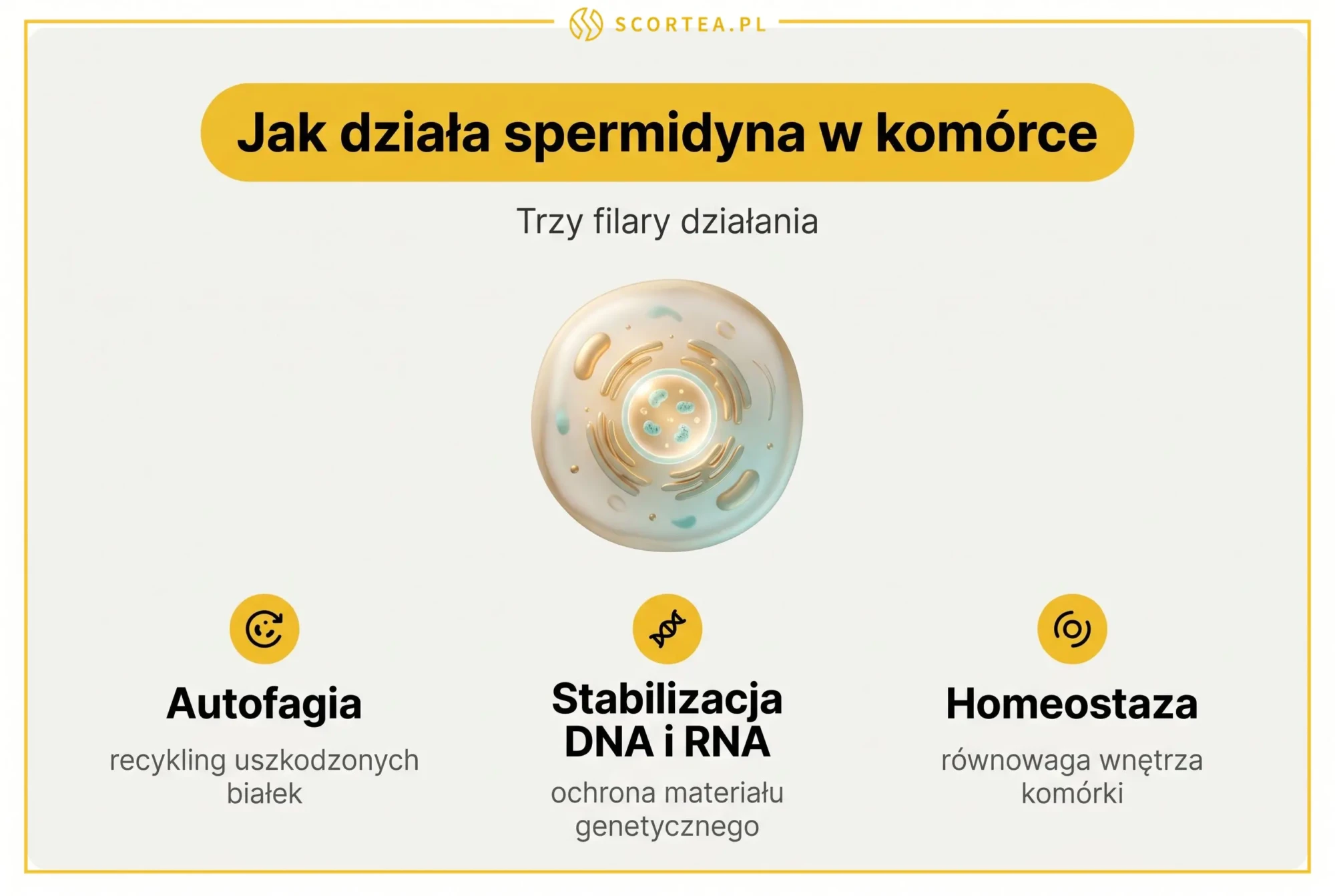 Infografika przedstawiająca mechanizm działania spermidyny w komórce: trzy filary - autofagia recyklingująca uszkodzone białka, stabilizacja DNA i RNA oraz homeostaza komórkowa