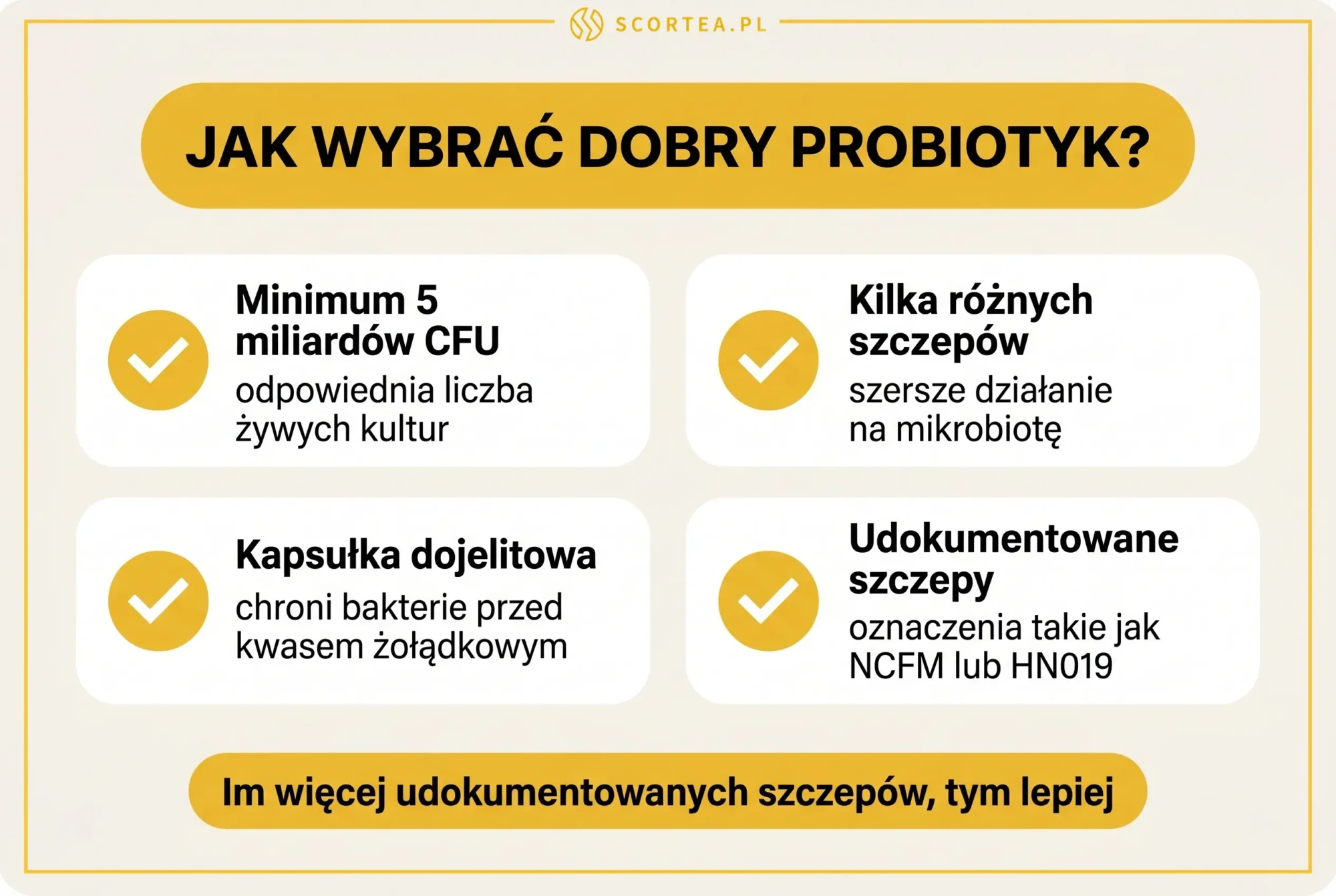 Kryteria wyboru dobrego probiotyku dla seniora: minimum 5 miliardów CFU, kilka szczepów i kapsułka dojelitowa