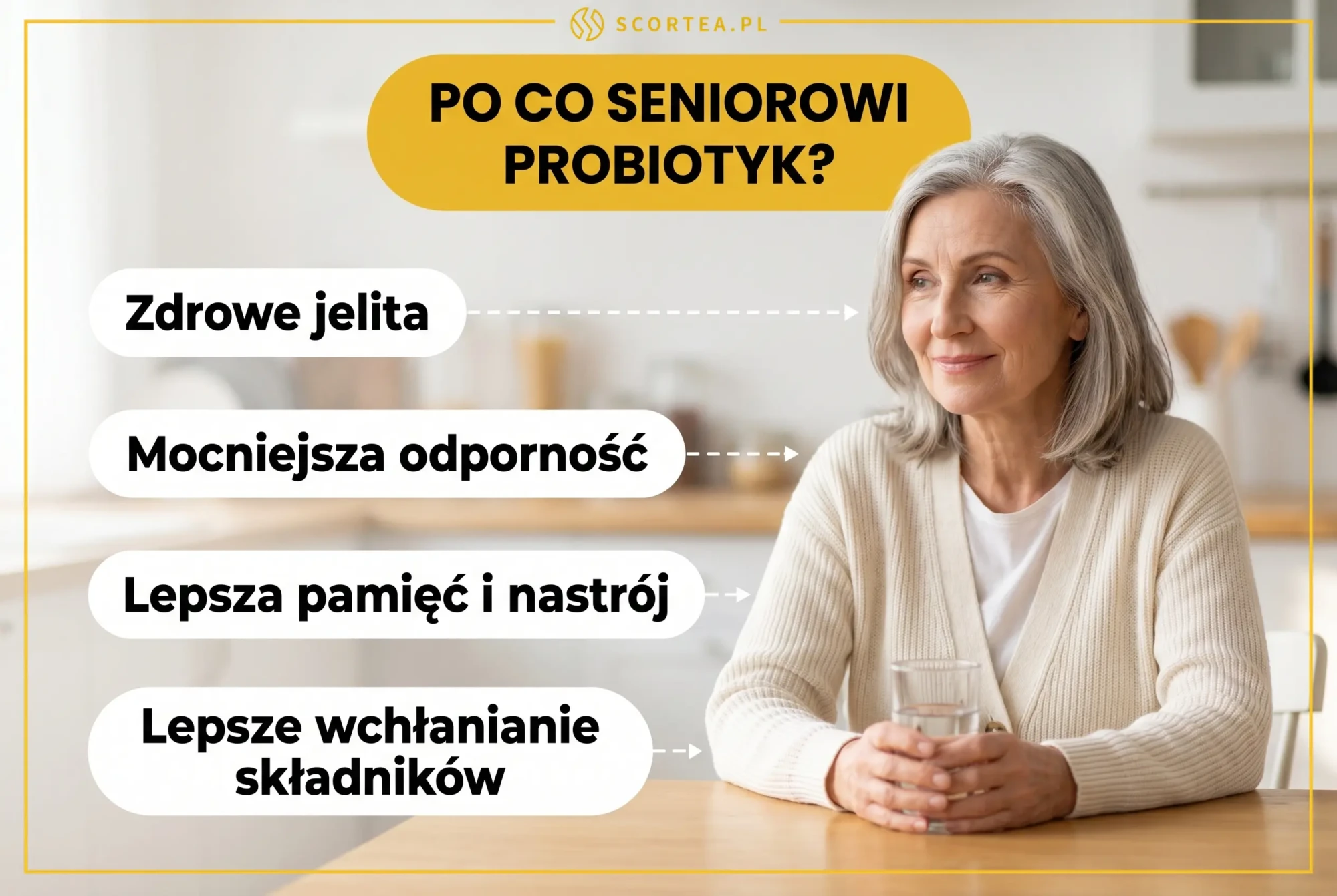 Korzyści, jakie daje probiotyk dla seniora: zdrowe jelita, mocniejsza odporność, lepsza pamięć i nastrój oraz lepsze wchłanianie składników