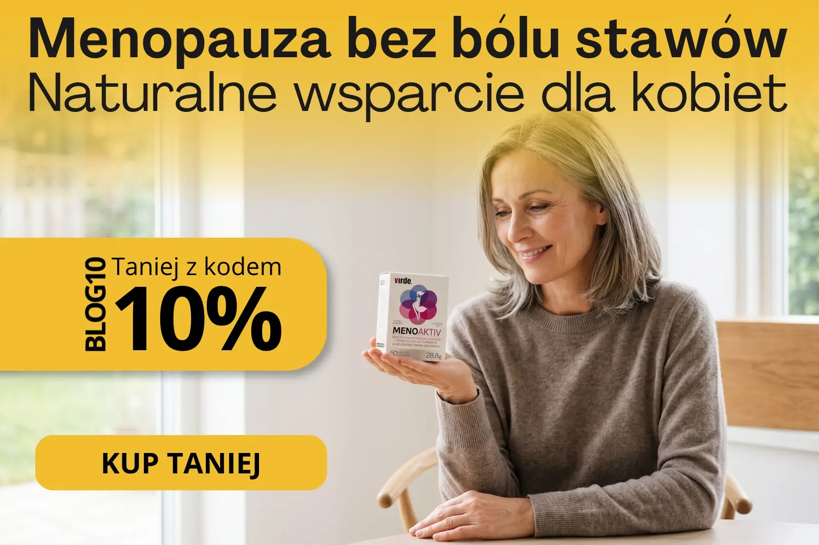 MenoAktiv virde, niehormonalne wsparcie przy menopauzie i bólu stawów, baner promocyjny z kodem rabatowym BLOG10 na 10% taniej w Scortea
