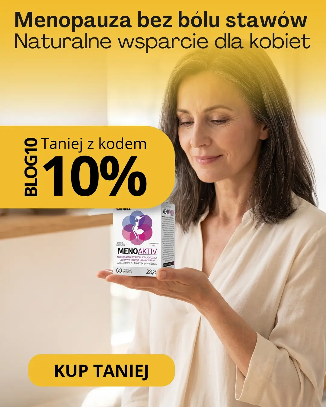 MenoAktiv virde, niehormonalne wsparcie przy menopauzie i bólu stawów, baner promocyjny z kodem rabatowym BLOG10 na 10% taniej w Scortea