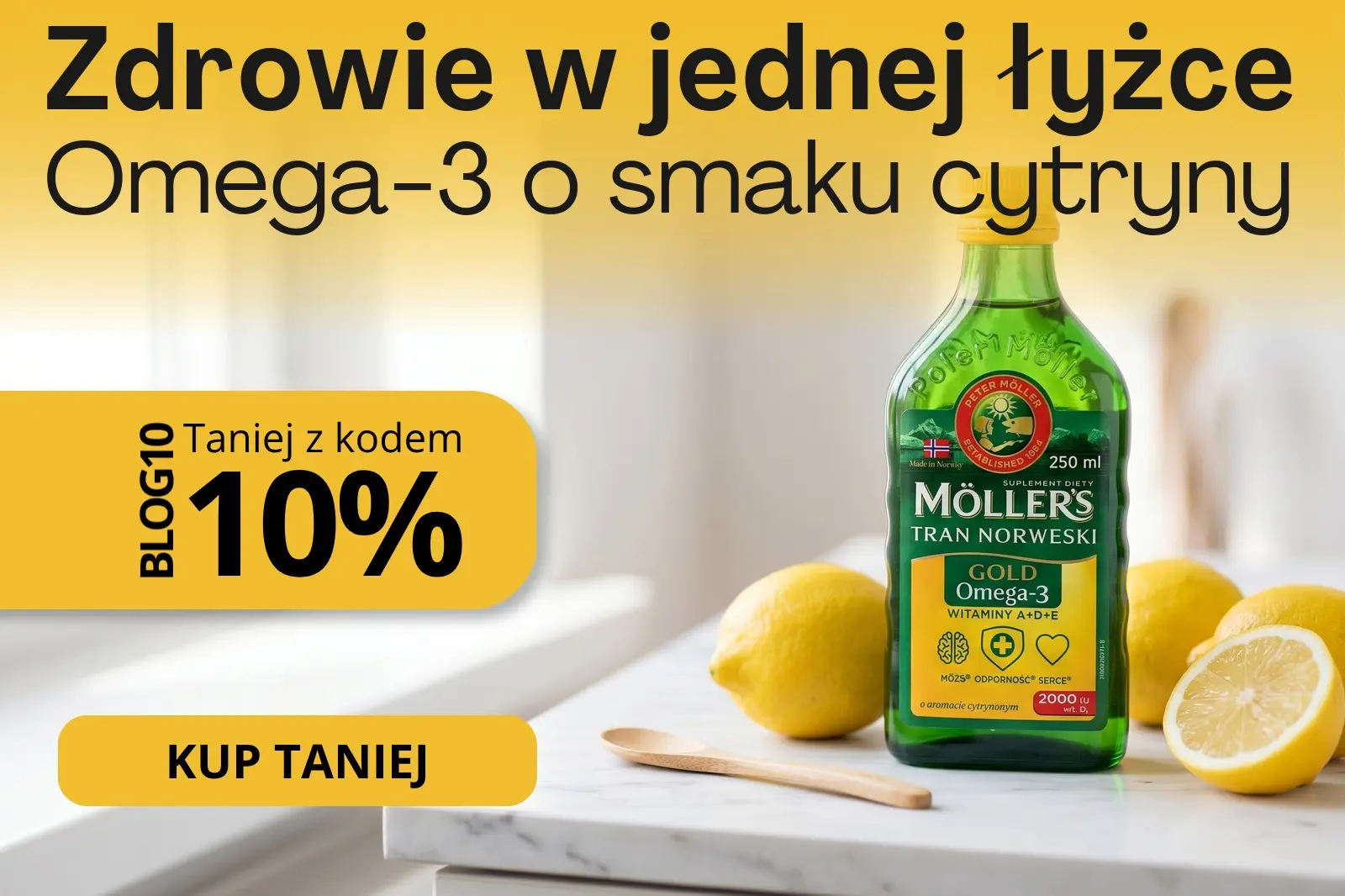 Möller's Gold Omega-3 tran norweski o smaku cytryny, baner promocyjny z kodem rabatowym BLOG10 na 10% taniej w Scortea