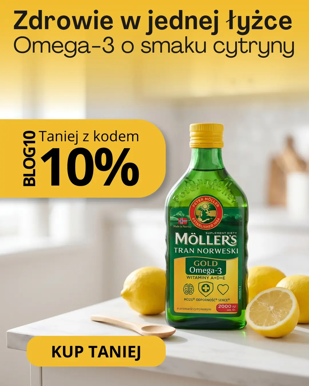Möller's Gold Omega-3 tran norweski o smaku cytryny, baner promocyjny z kodem rabatowym BLOG10 na 10% taniej w Scortea